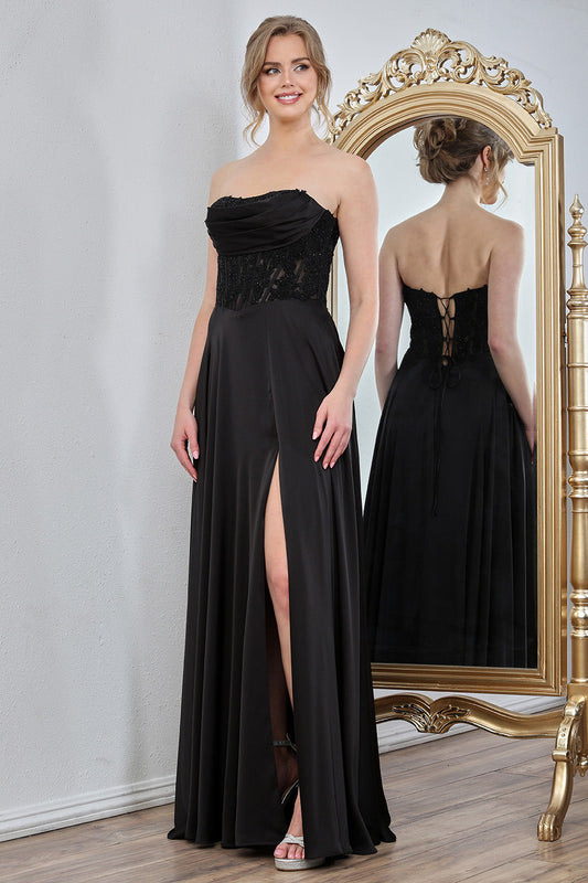 Prom Dresses Pleated A Line Long Formal Corset Pocket Pocket Dress Black