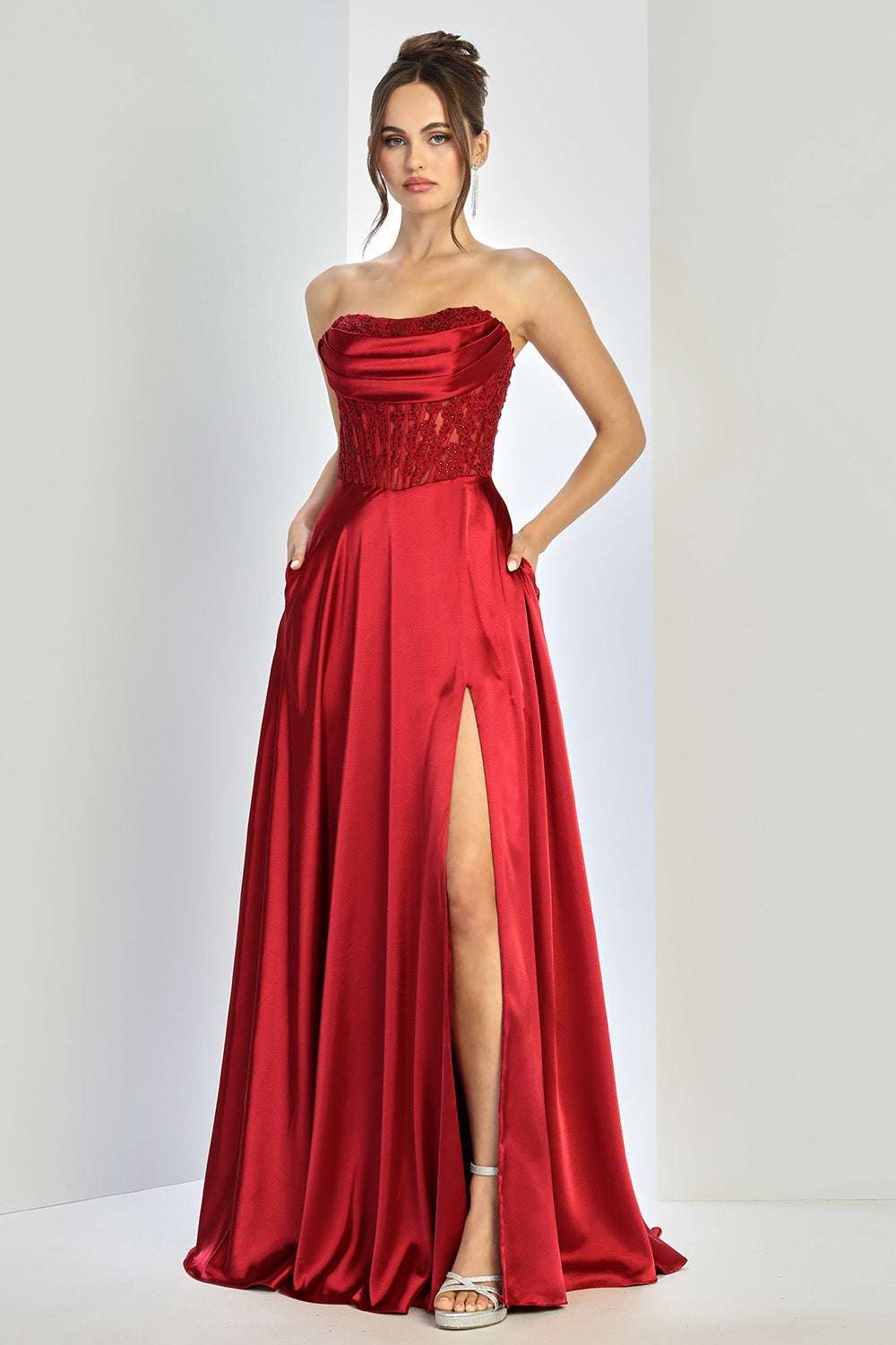 Prom Dresses Pleated A Line Long Formal Corset Pocket Pocket Dress Burgundy