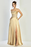 Prom Dresses Pleated A Line Long Formal Corset Pocket Pocket Dress Gold
