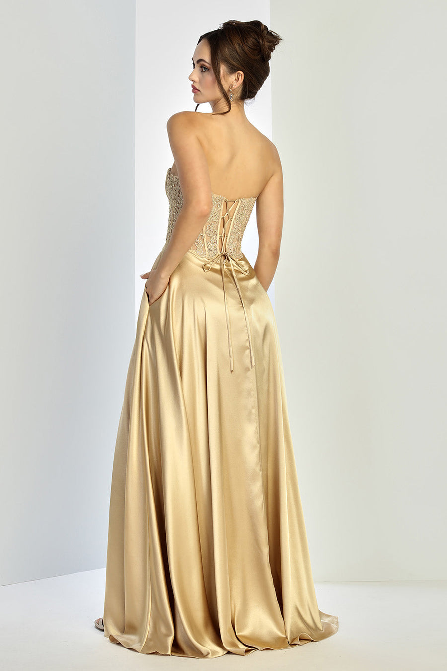 Prom Dresses Pleated A Line Long Formal Corset Pocket Pocket Dress Gold