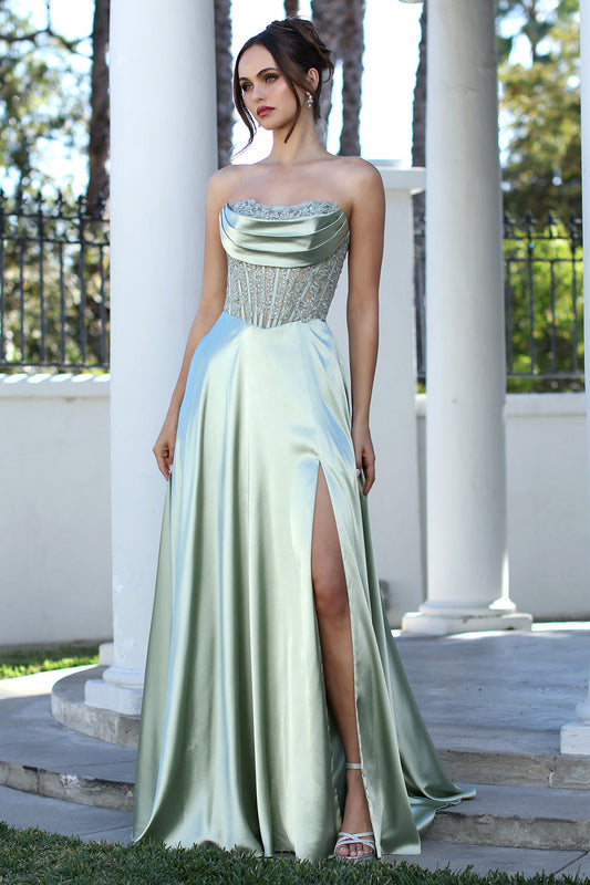 Prom Dresses Pleated A Line Long Formal Corset Pocket Pocket Dress Sage
