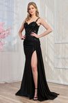 Prom Dresses Pleated Applique Long Formal Slit Prom Dress Black