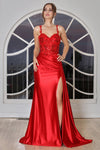 Prom Dresses Pleated Applique Long Formal Slit Prom Dress Red