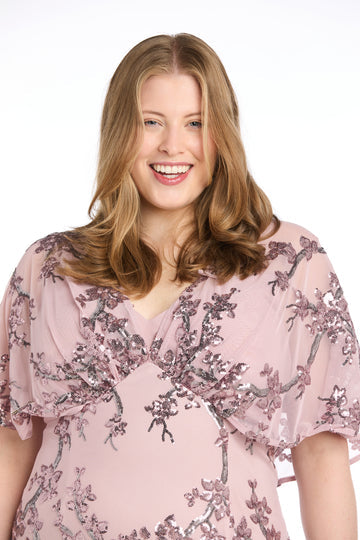 Plus Size Dresses Plus Size Long Formal Floral Sequin Caplet Dress Rose