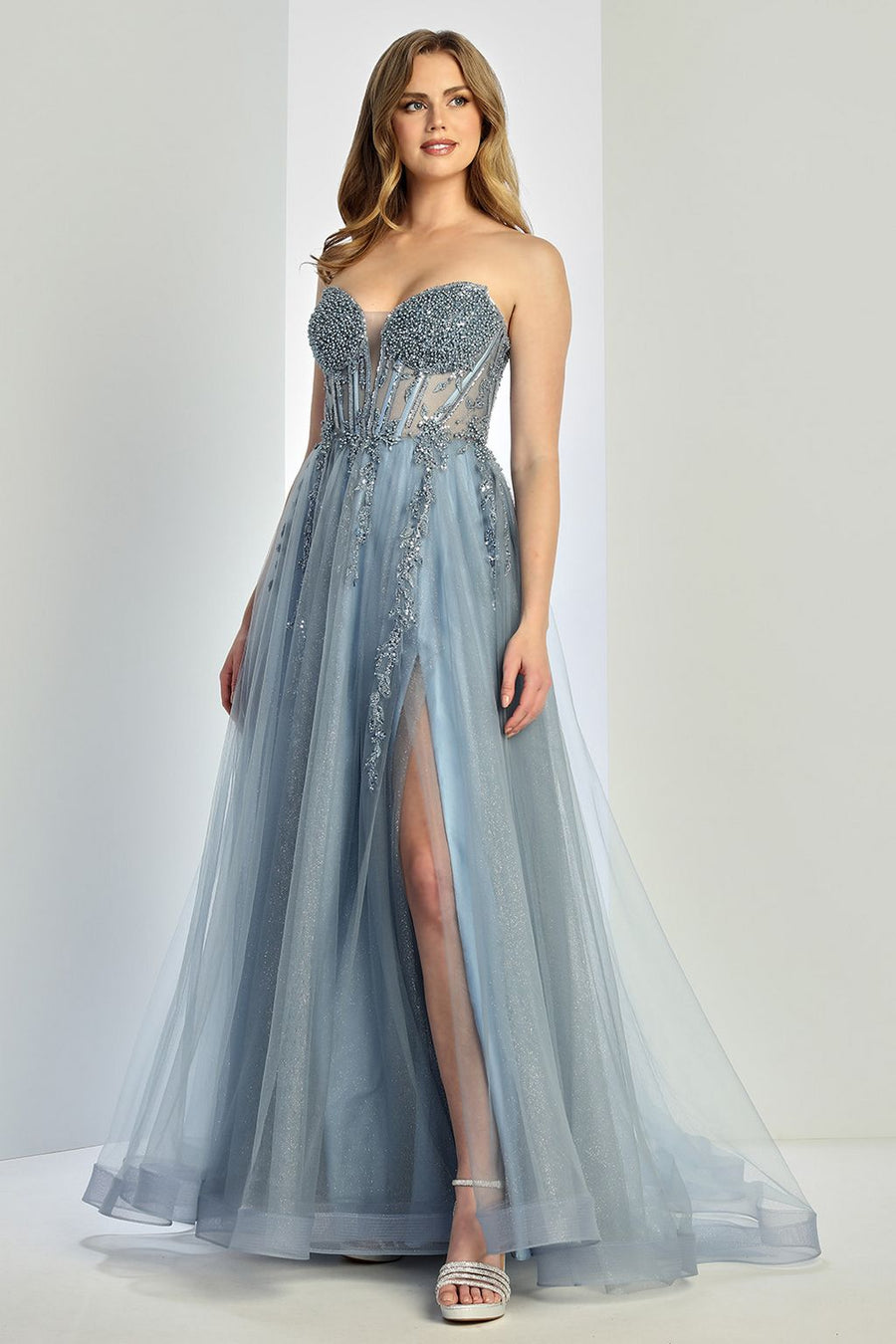 Prom Dresses Formal Long Ball Gown Beaded Corset Prom Dress Smoky Blue