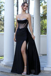 Prom Dresses Beaded Prom Long Formal Slit Corset Evening Dress Black