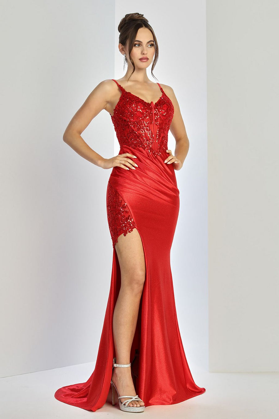 Prom Dresses Fitted Prom Long Corset Glitter Applique Formal Dress Red