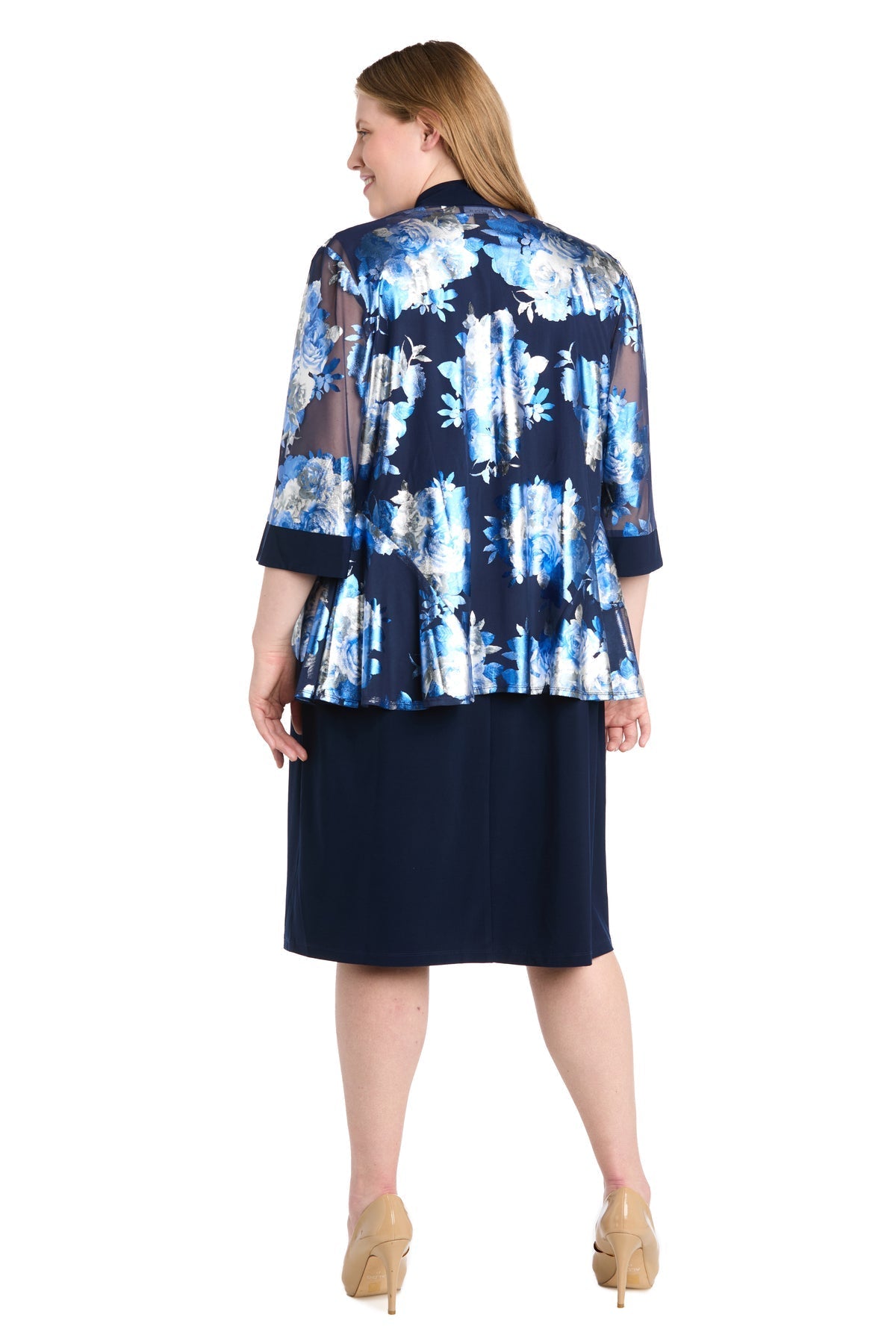 Plus Size Dresses Plus Size Short Metallic Jacket Dress Navy/Silver