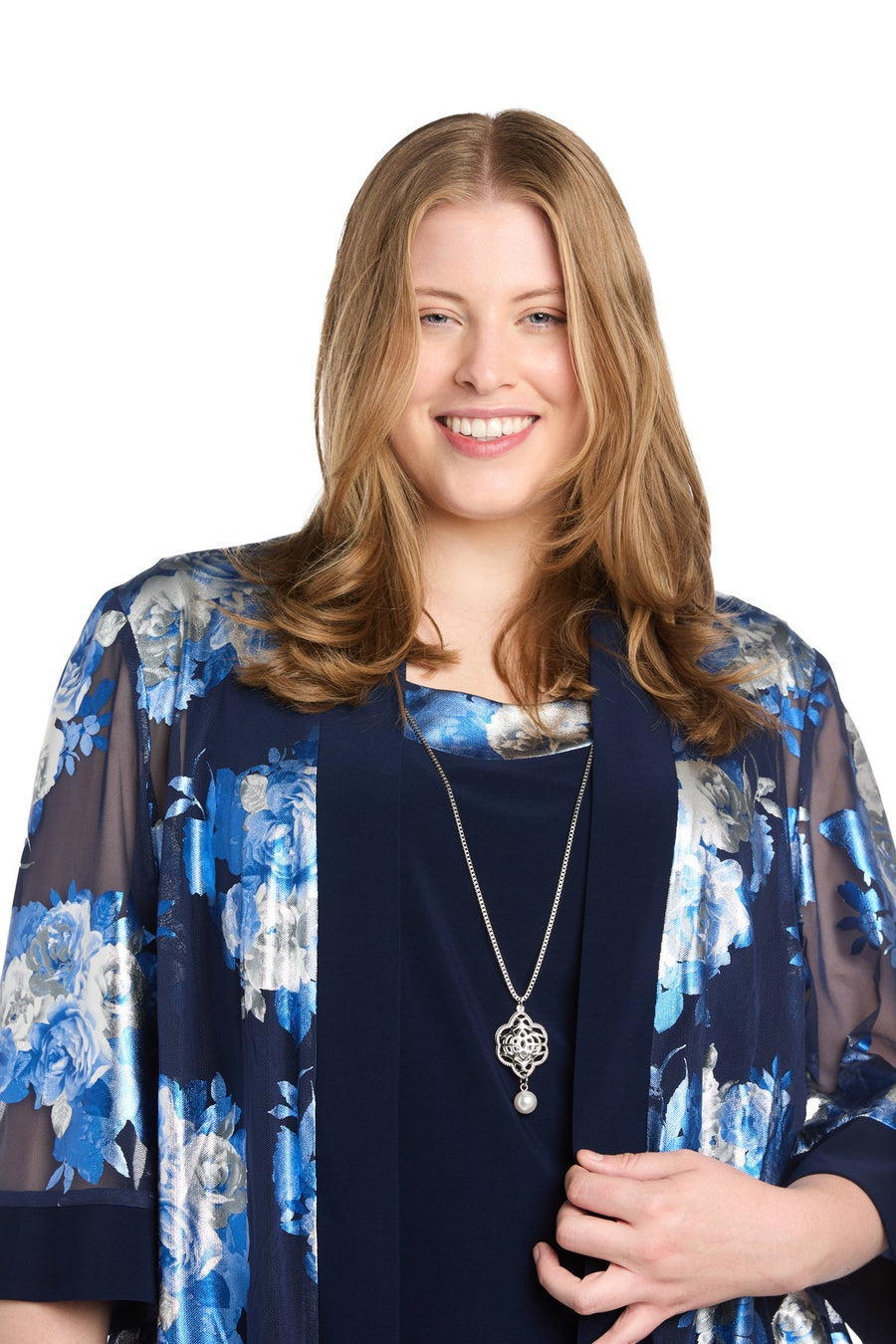 Plus Size Dresses Plus Size Short Metallic Jacket Dress Navy/Silver