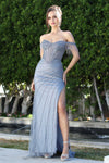 Prom Dresses Fitted Corset Prom Long Formal Beaded Fringe Slit Dress Smoky Blue
