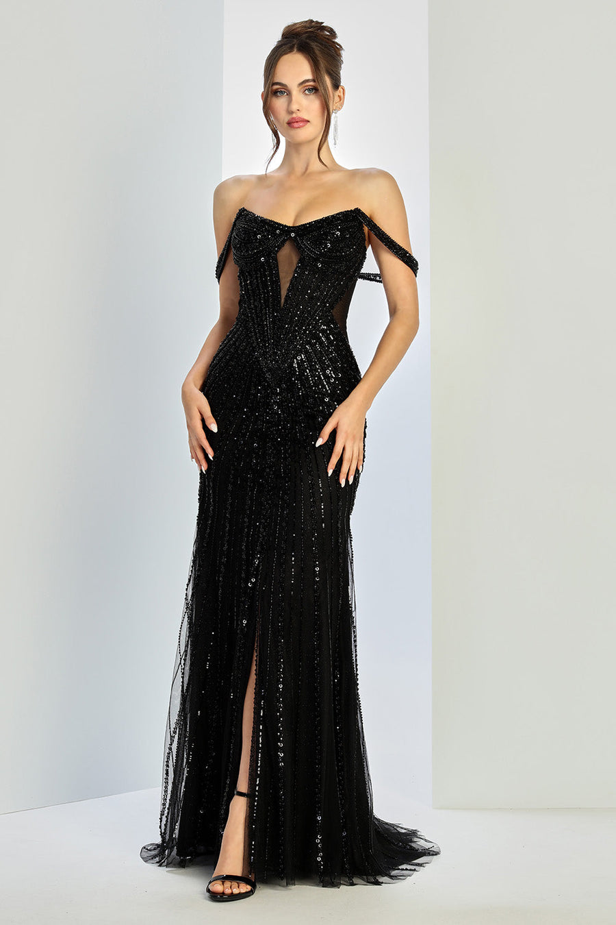 Prom Dresses Prom Fitted Long Formal Beaded Sequin Evening Dress Black