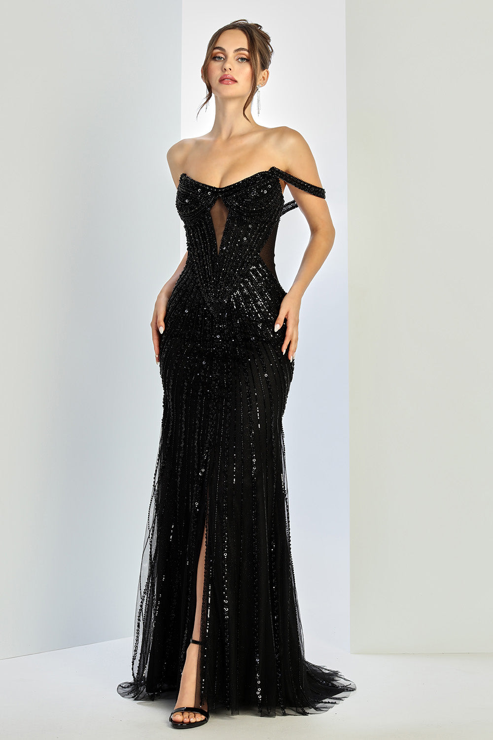 Prom Dresses Prom Fitted Long Formal Beaded Sequin Evening Dress Black