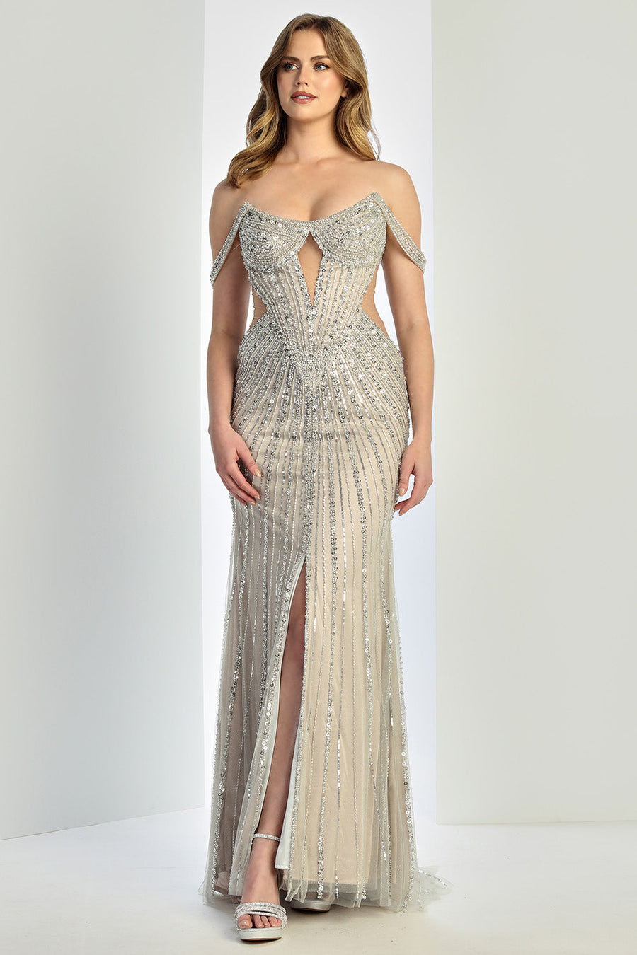 Prom Dresses Prom Fitted Long Formal Beaded Sequin Evening Dress Silver Nude