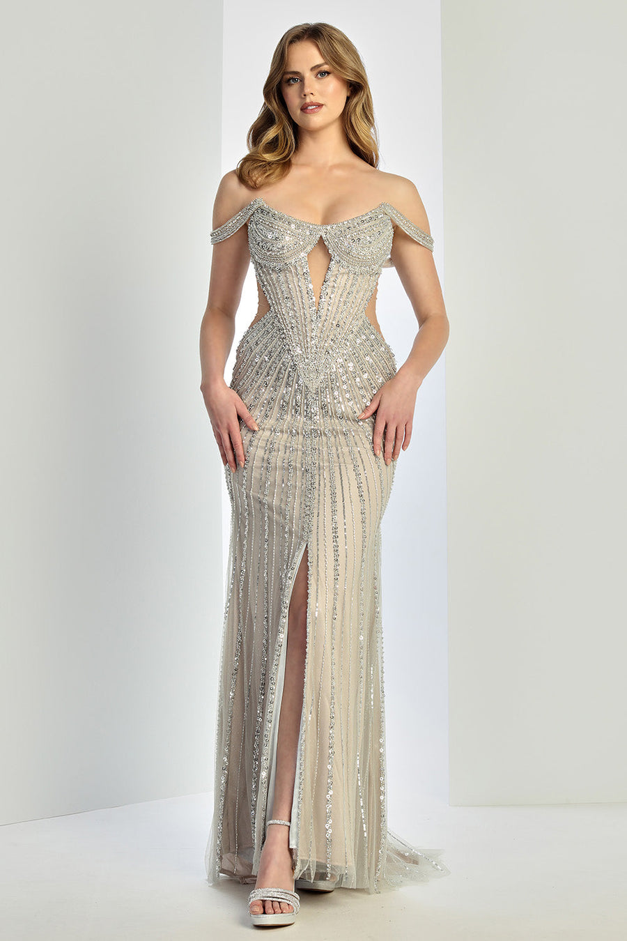 Prom Dresses Prom Fitted Long Formal Beaded Sequin Evening Dress Silver Nude