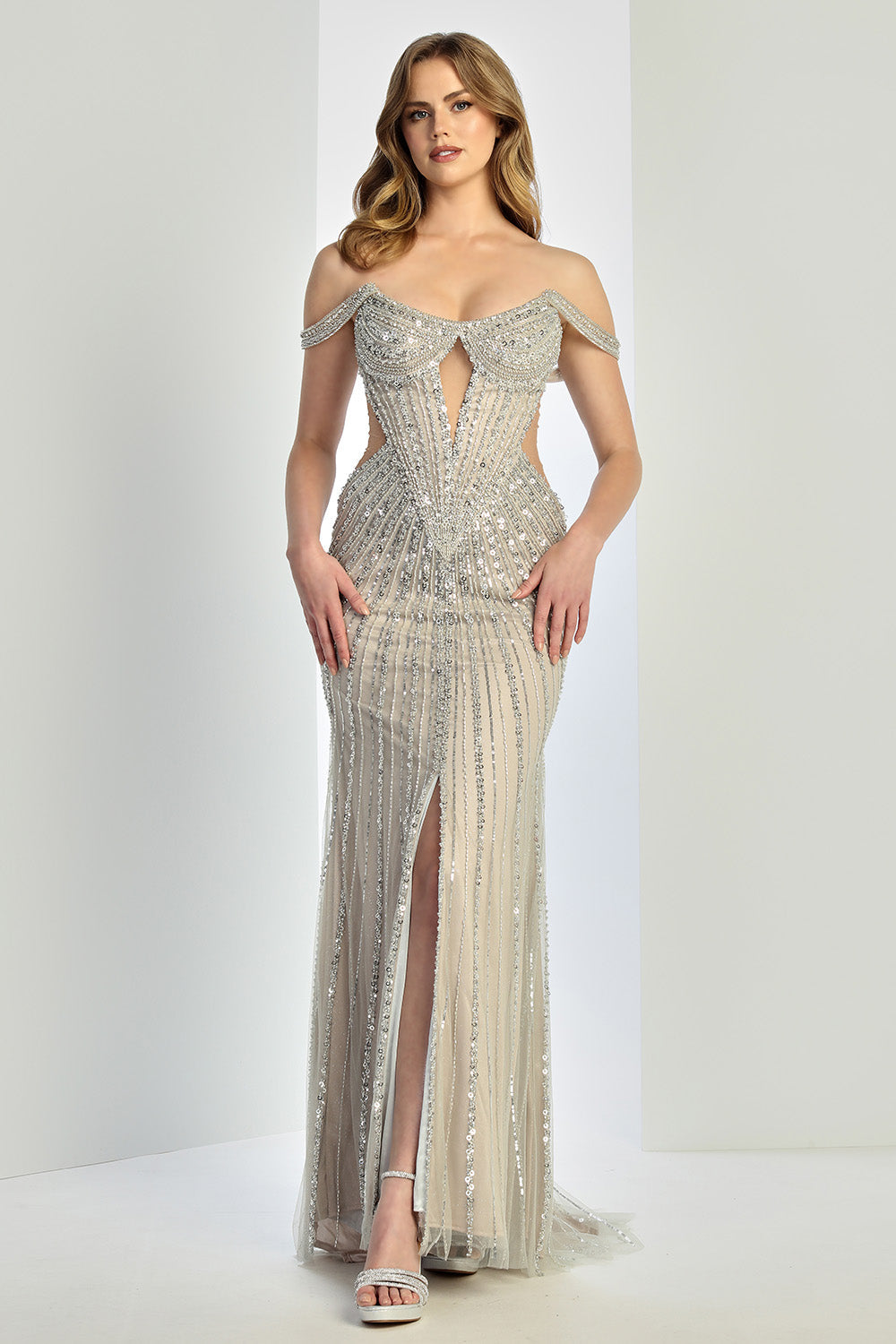 Prom Dresses Prom Fitted Long Formal Beaded Sequin Evening Dress Silver Nude
