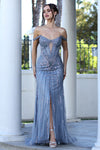 Prom Dresses Prom Fitted Long Formal Beaded Sequin Evening Dress Smoky Blue