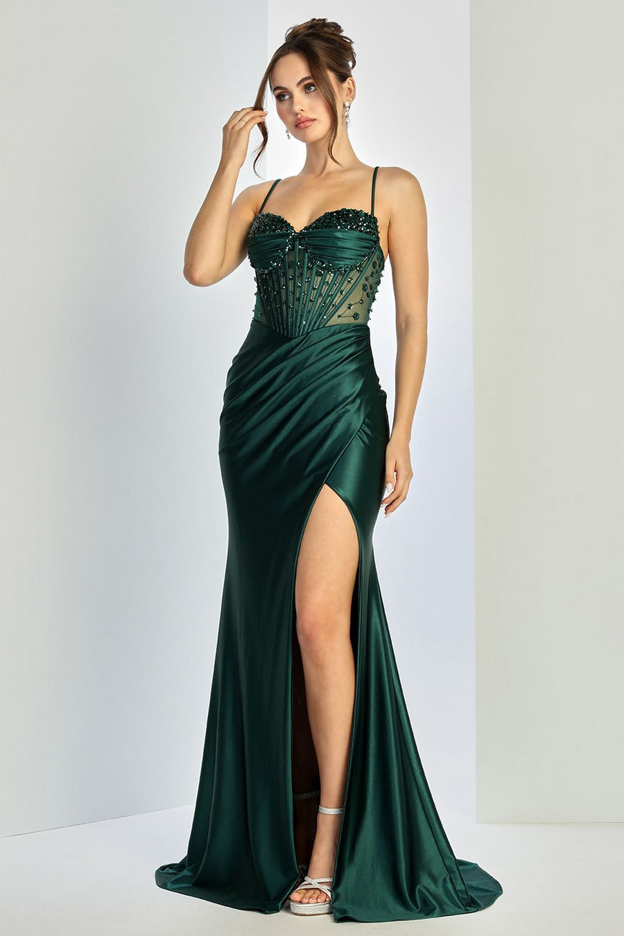 Prom Dresses Fitted Long Formal Beaded Prom Slit Dress Emerald