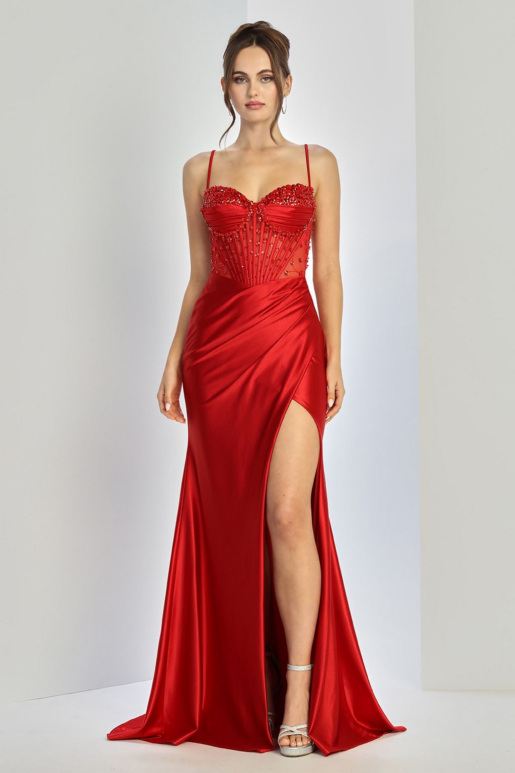 Prom Dresses Fitted Long Formal Beaded Prom Slit Dress Red