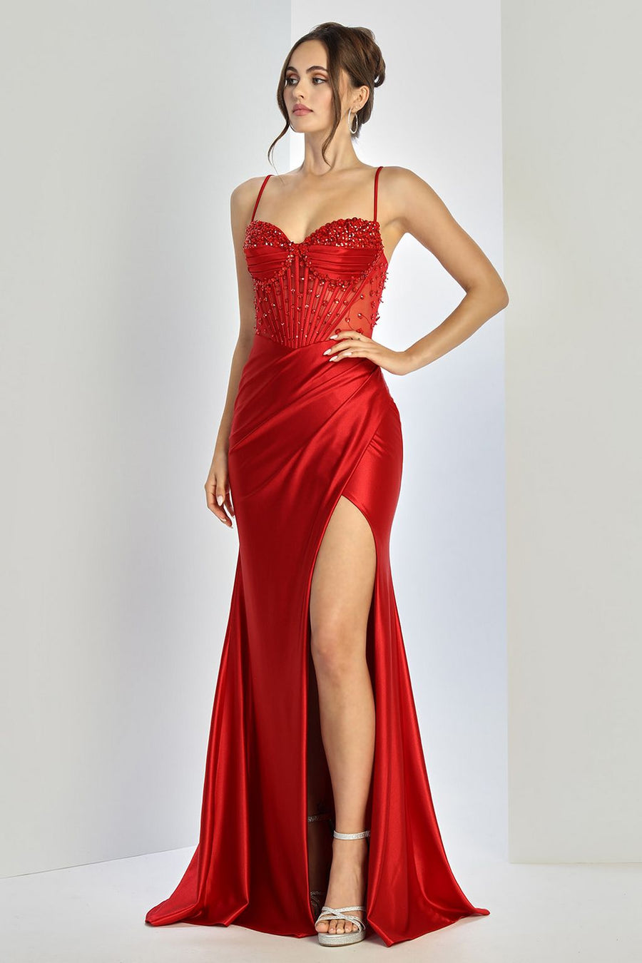 Prom Dresses Fitted Long Formal Beaded Prom Slit Dress Red