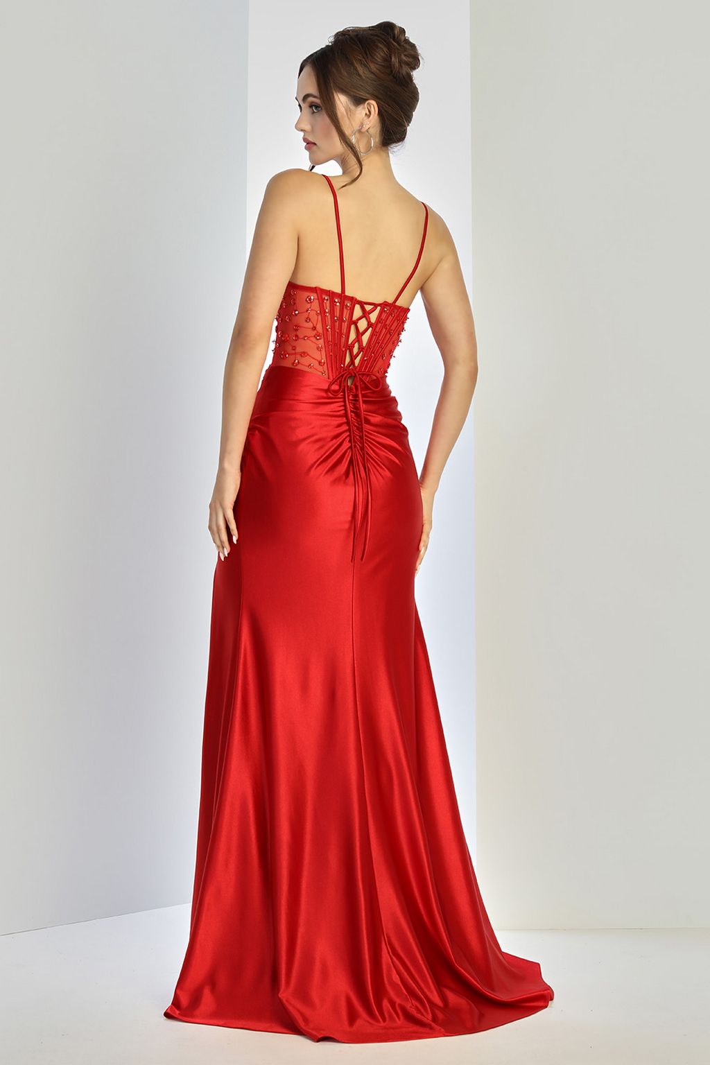 Prom Dresses Fitted Long Formal Beaded Prom Slit Dress Red