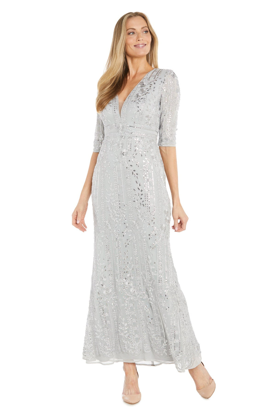 Formal Dresses Long Metallic Floral Formal Dress Silver