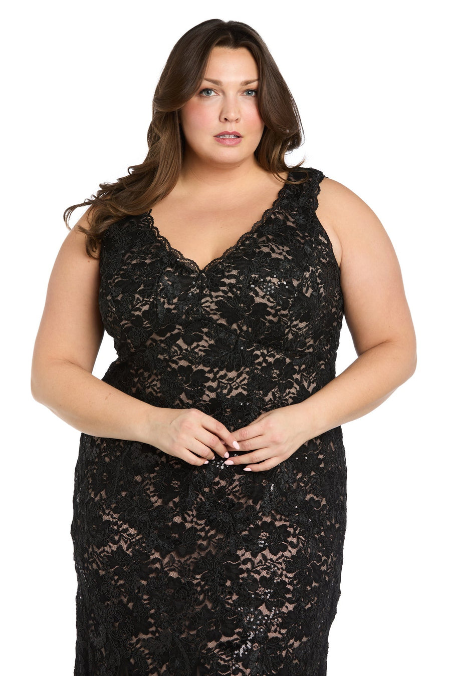 Plus Size Dresses Long Formal Sequin Plus Size Lace Dress Black/Nude