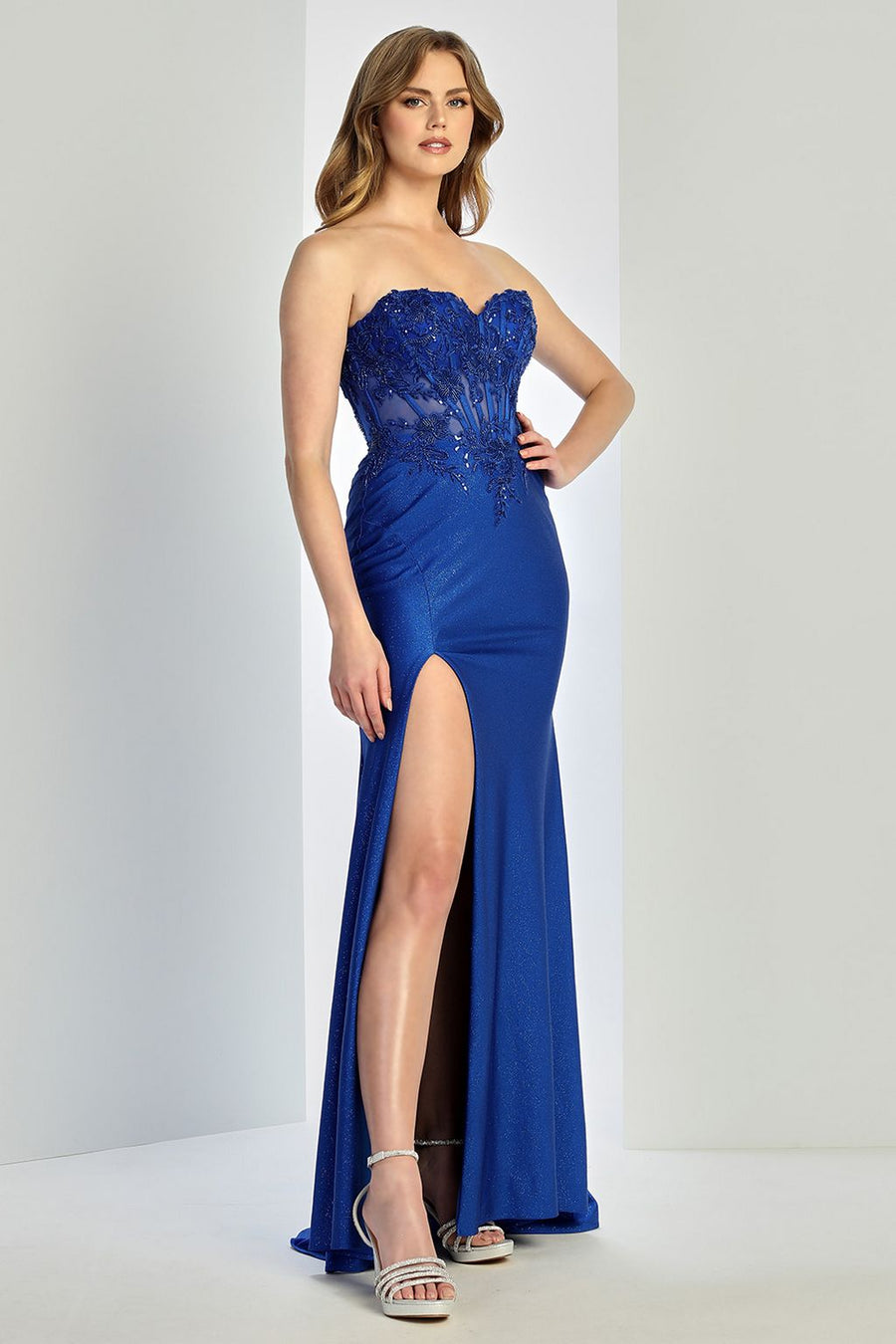 Prom Dresses Fitted Long Formal Lace Applique Corset Prom Dress Royal Blue