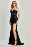 Prom Dresses Long Formal Fitted Slit Applique Prom Dress Black