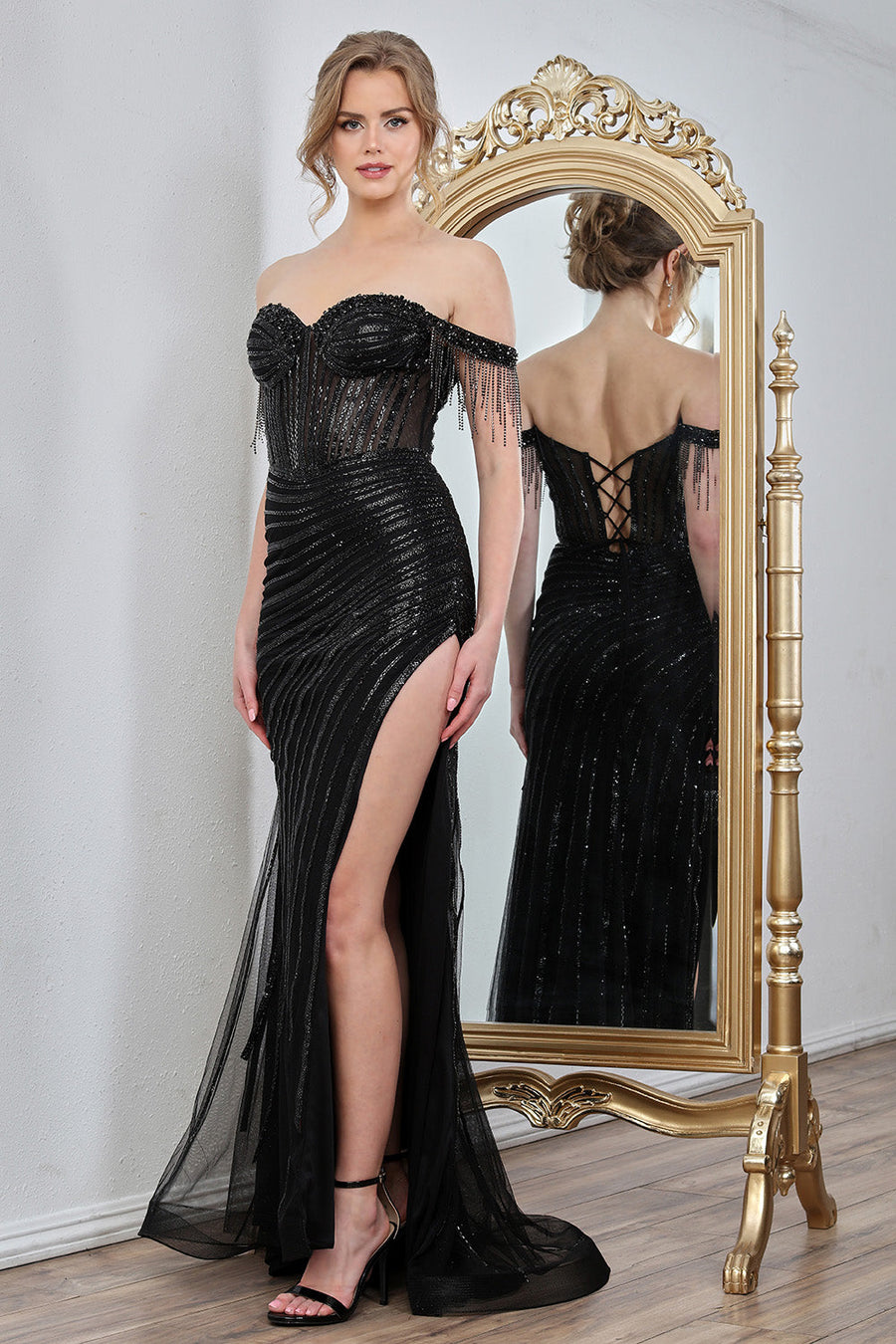 Prom Dresses Fitted Long Formal Beaded Prom Corset Dress Black