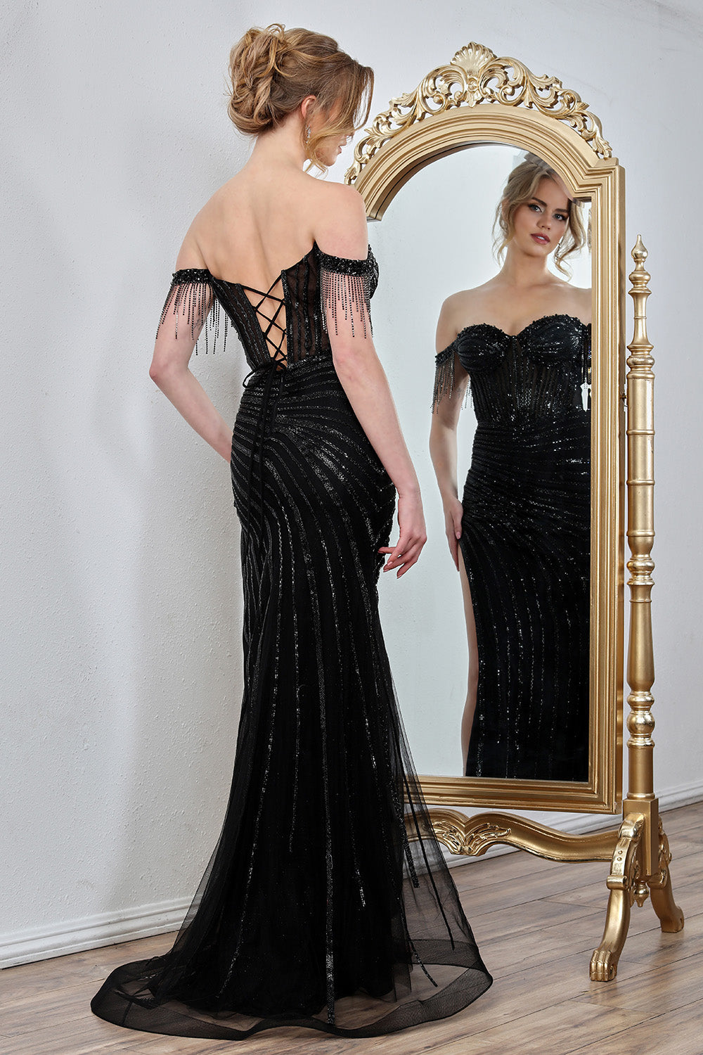 Prom Dresses Fitted Long Formal Beaded Prom Corset Dress Black