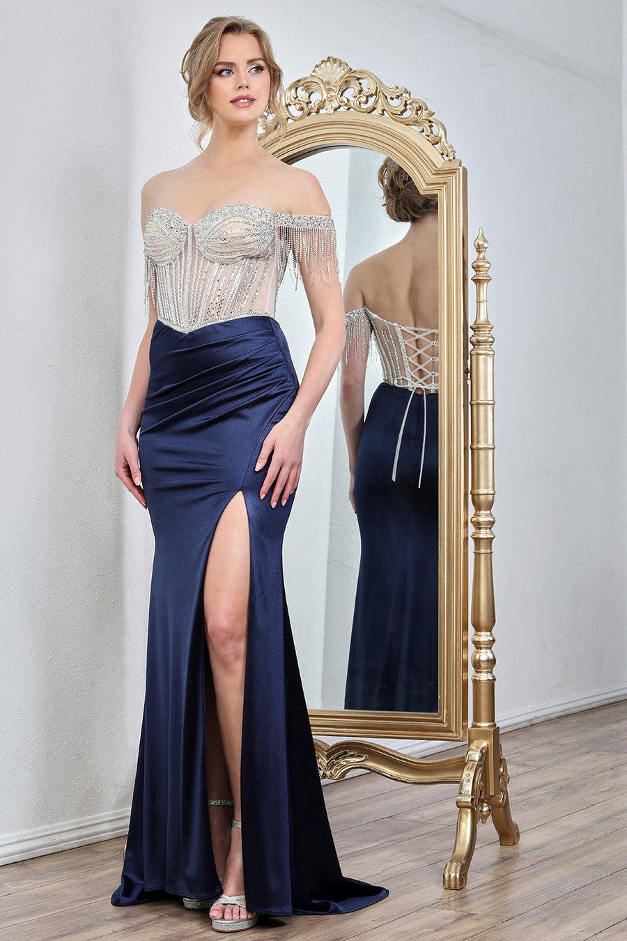 Prom Dresses Prom Long Fitted Corset Formal Beaded Dress Navy