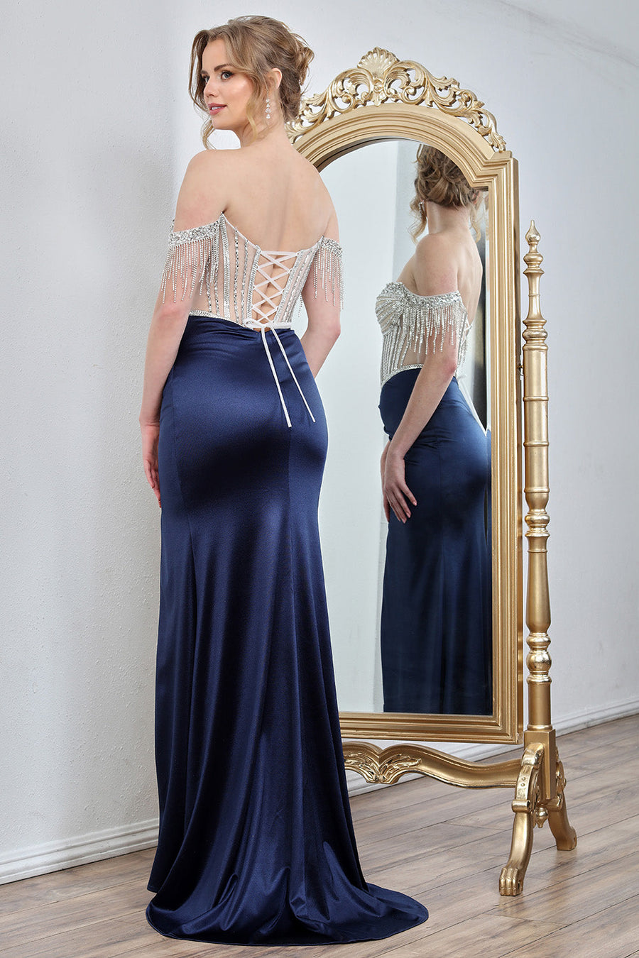 Prom Dresses Prom Long Fitted Corset Formal Beaded Dress Navy