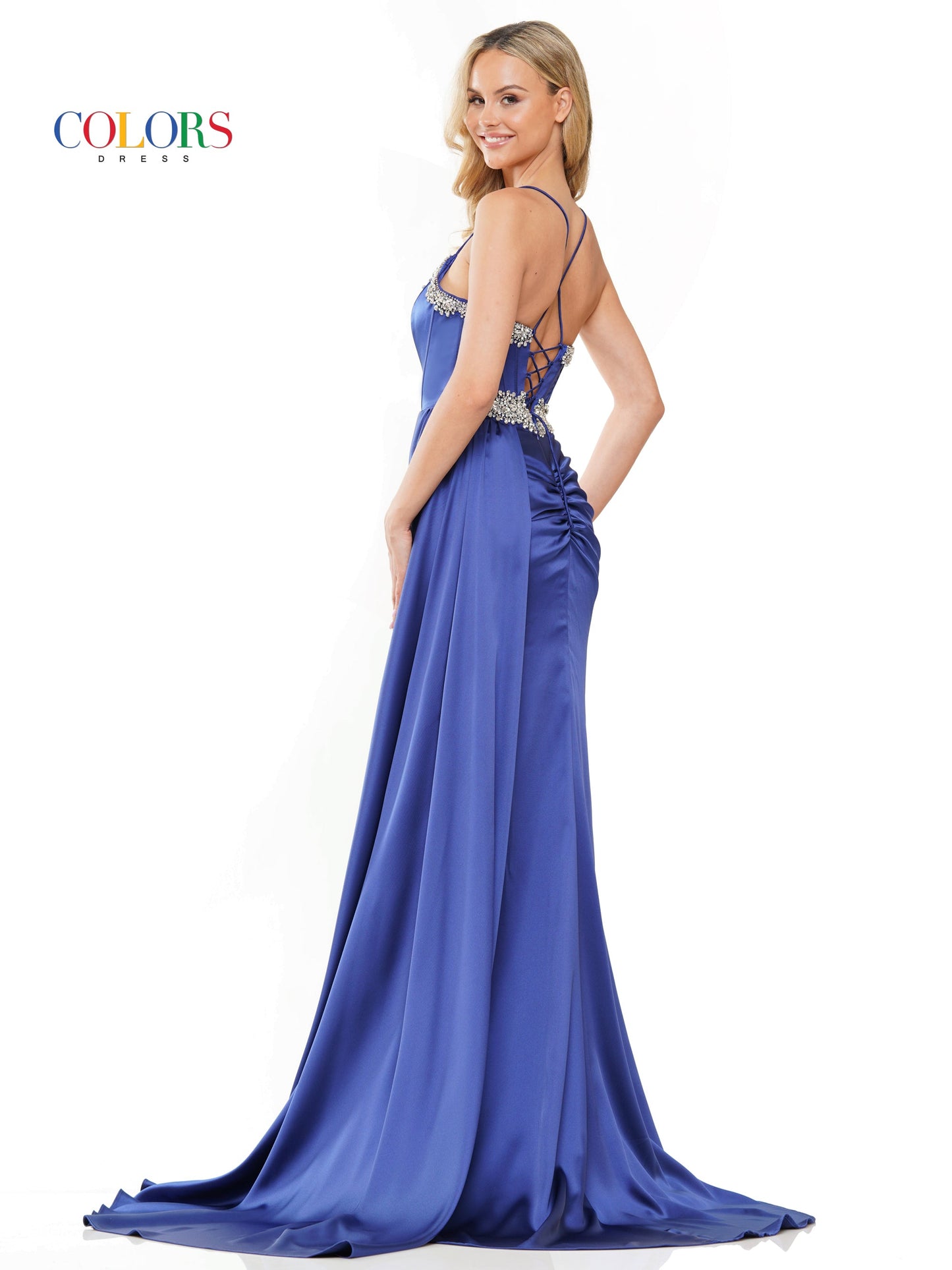 Prom Dresses Long Beaded Corset Bodice Front Slit Satin Prom Dress  Royal