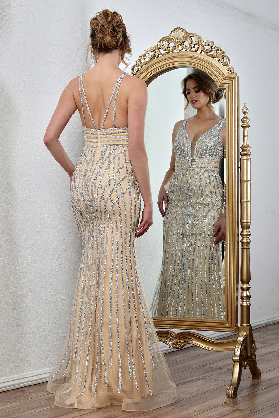 Prom Dresses Fitted Formal Long Evening Prom Dress Champagne Silver