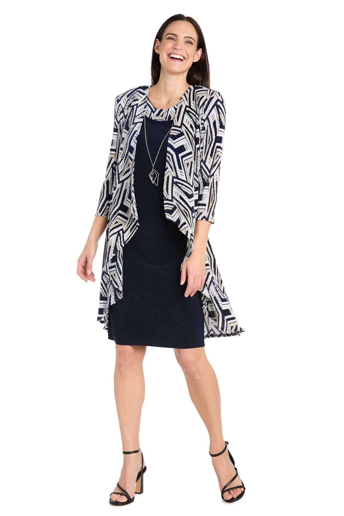 Mother of the Bride Dresses Short Petite Printed Jacket Dress Navy/Taupe