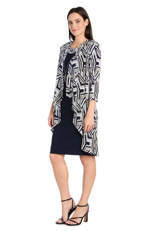 Mother of the Bride Dresses Short Petite Printed Jacket Dress Navy/Taupe