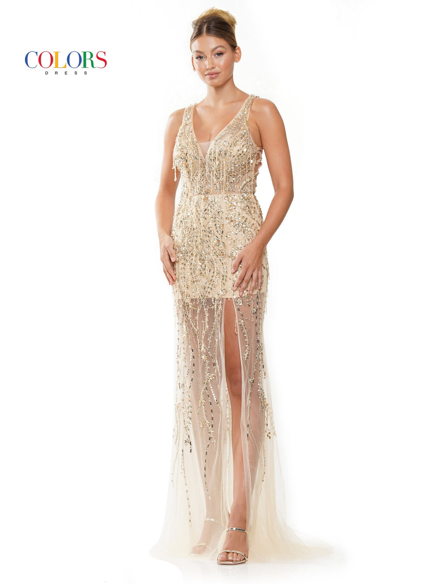 Prom Dresses Long Beaded Mesh Cross Back Sleeveless Prom Dress  Gold