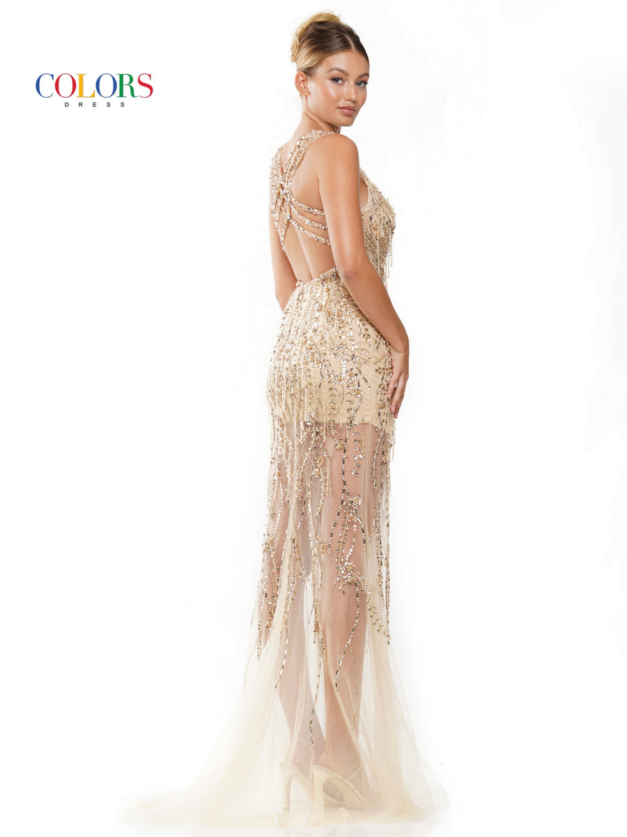 Prom Dresses Long Beaded Mesh Cross Back Sleeveless Prom Dress  Gold