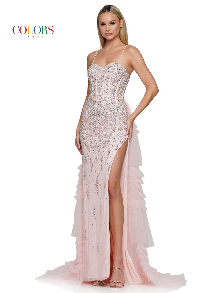 Prom Dresses Long Beaded Mesh Corset Bodice Layered Prom Dress  Blush