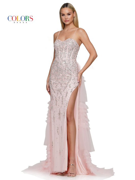 Prom Dresses Long Beaded Mesh Corset Bodice Layered Prom Dress  Blush