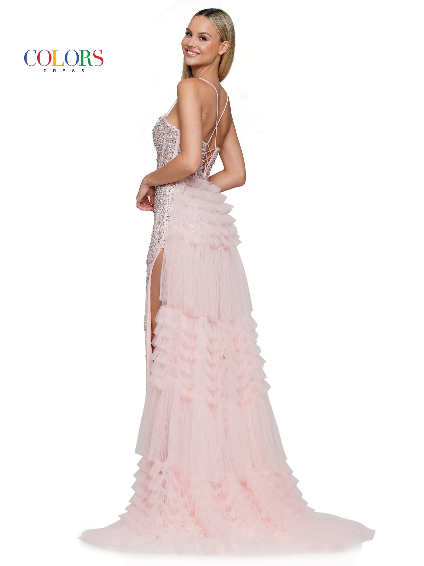 Prom Dresses Long Beaded Mesh Corset Bodice Layered Prom Dress  Blush