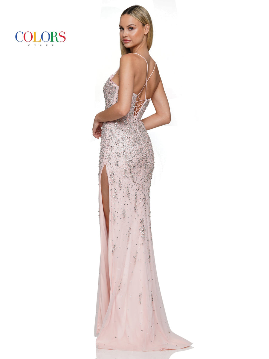 Prom Dresses Long Beaded Mesh Corset Bodice Layered Prom Dress  Blush