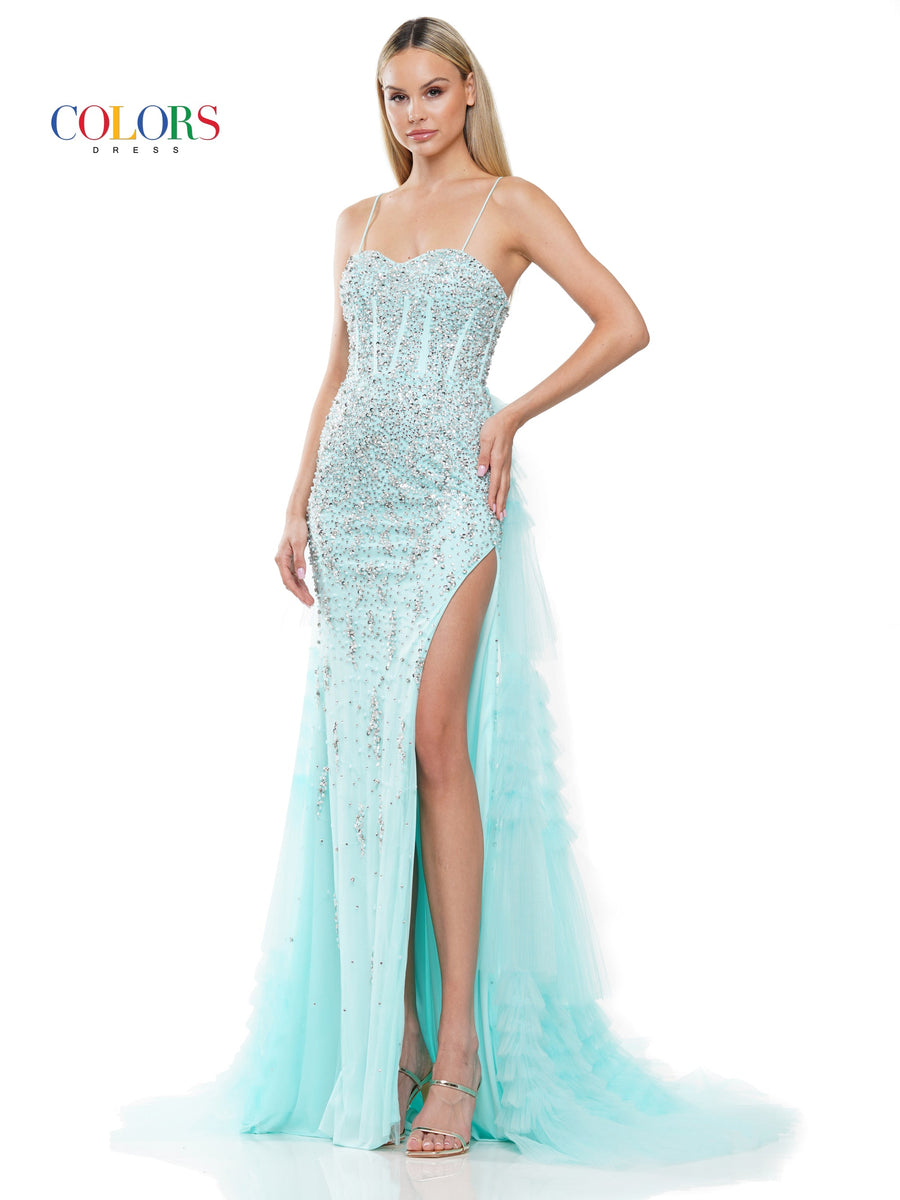 Prom Dresses Long Beaded Mesh Corset Bodice Layered Prom Dress  Mint