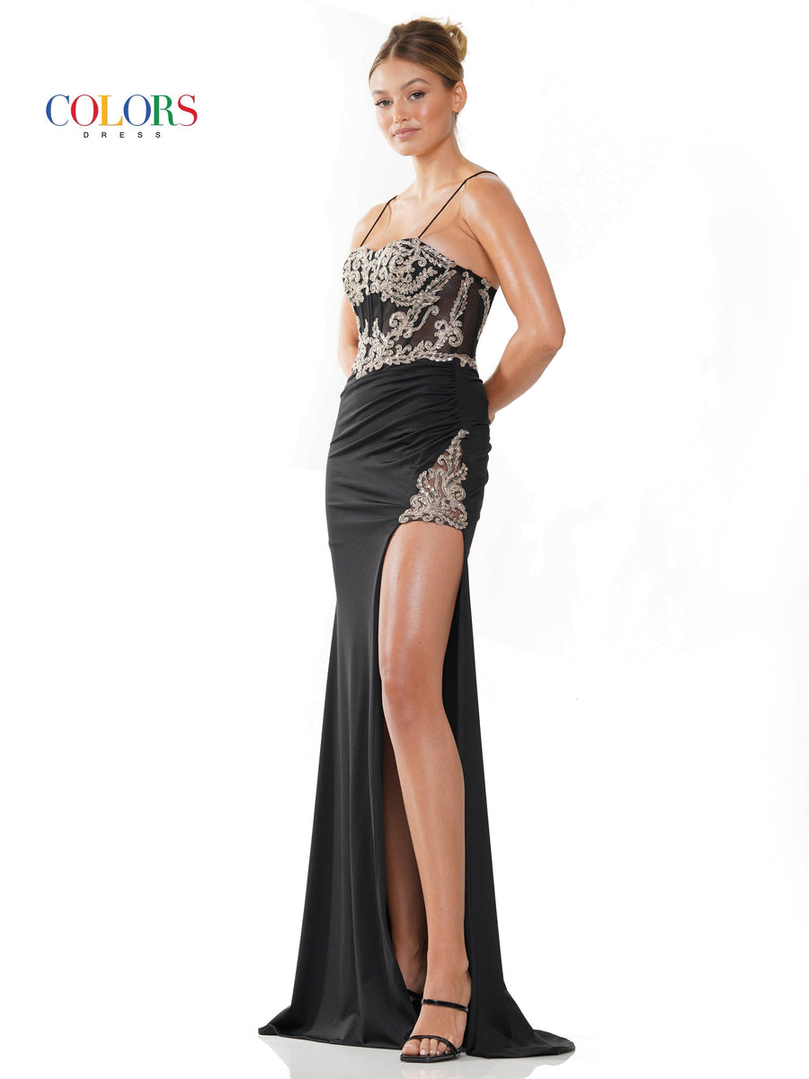Prom Dresses Long Lace Corset Bodice Slit Satin Prom Dress  Black