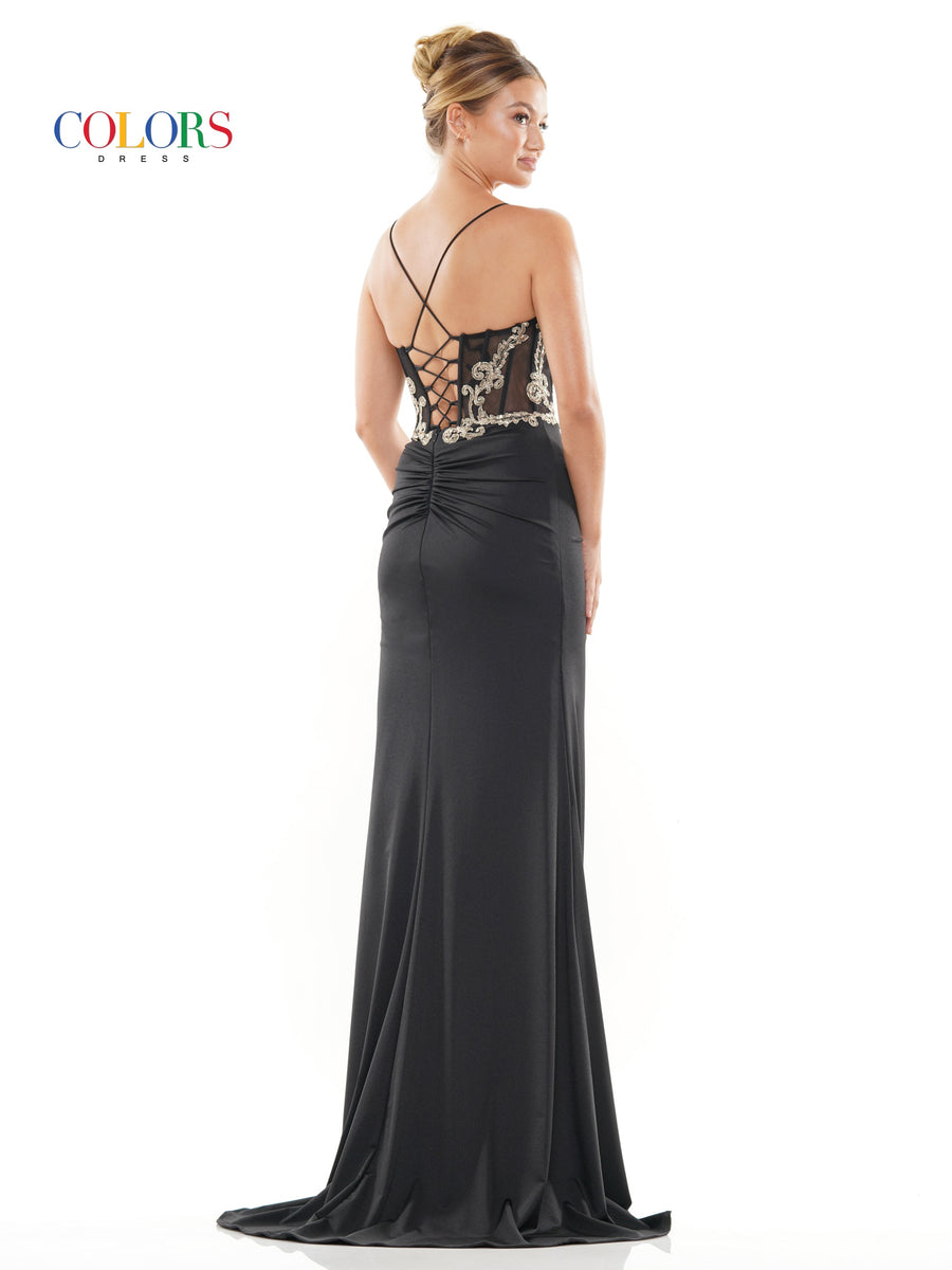 Prom Dresses Long Lace Corset Bodice Slit Satin Prom Dress  Black