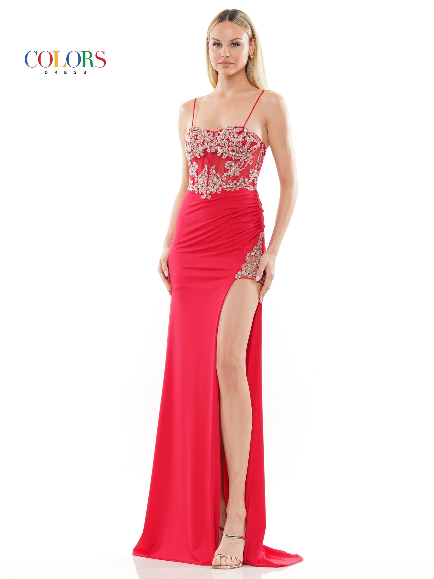 Prom Dresses Long Lace Corset Bodice Slit Satin Prom Dress  Red