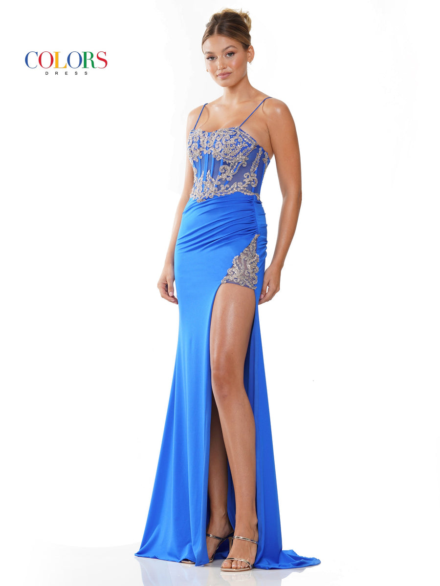 Prom Dresses Long Lace Corset Bodice Slit Satin Prom Dress  Royal