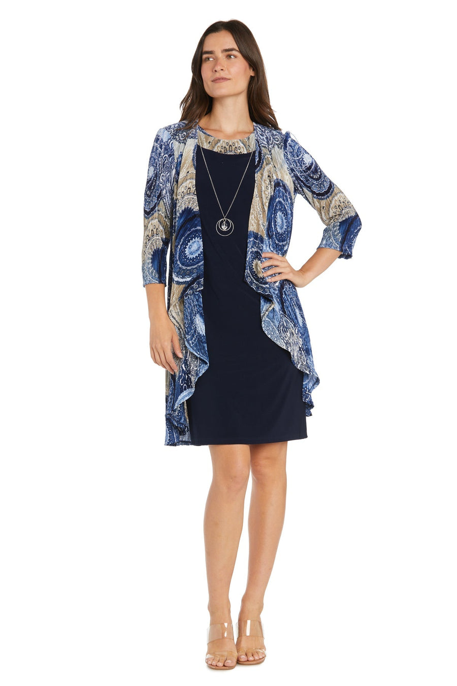 Cocktail Dresses Short Mother of the Bride Printed Jacket Dress Navy/Taupe