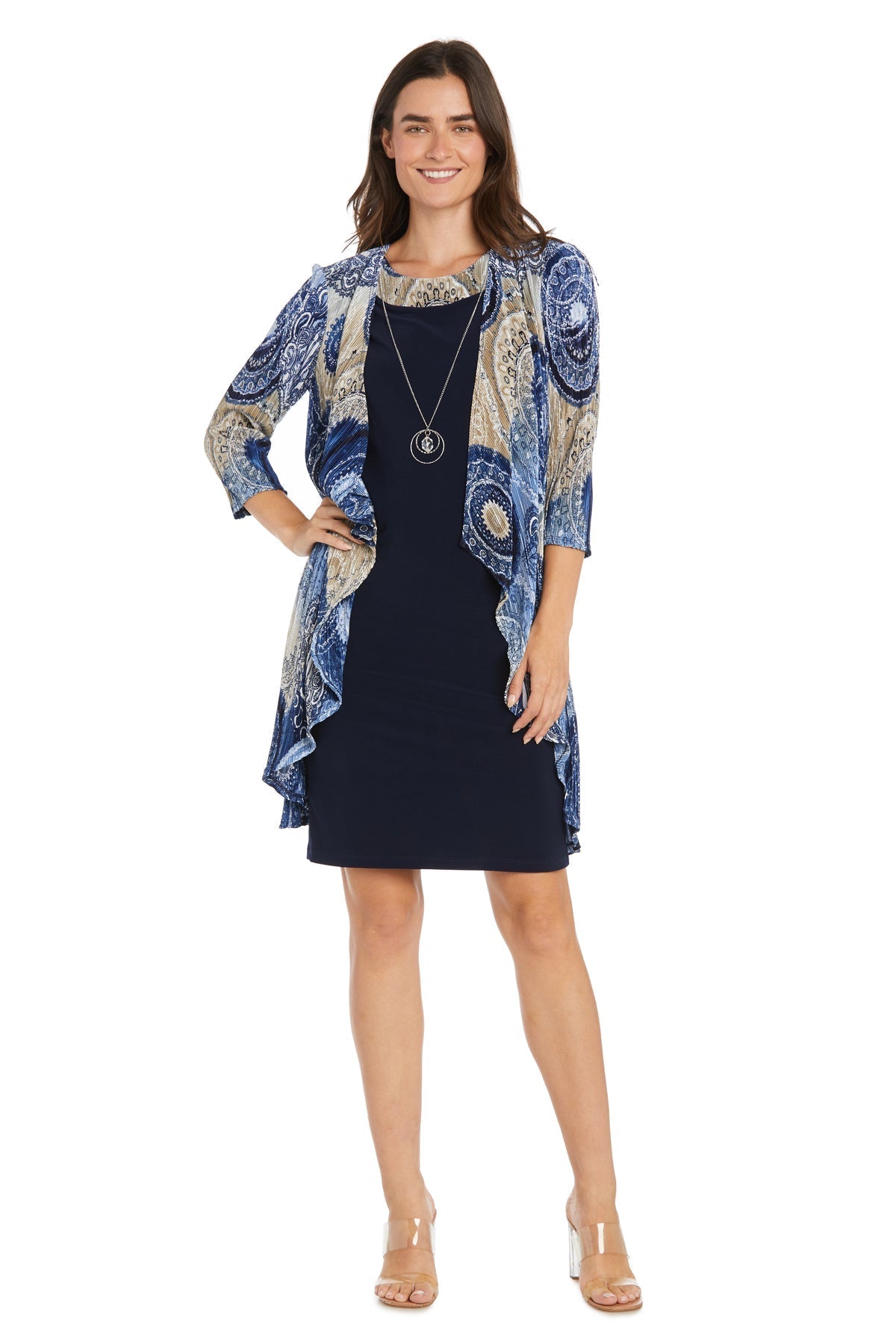 Mother of the Bride Dresses Short Two Piece Printed Petite Jacket Dress Navy/Taupe