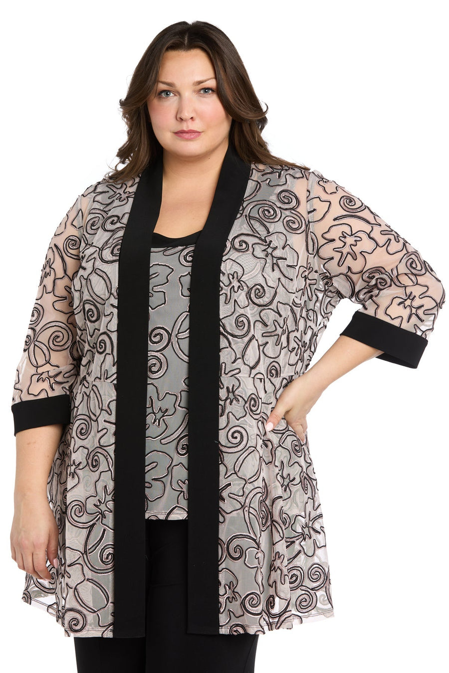 Pant Suit Long Plus Size 3D Floral Formal Jacket Pant Suit Black/Blush